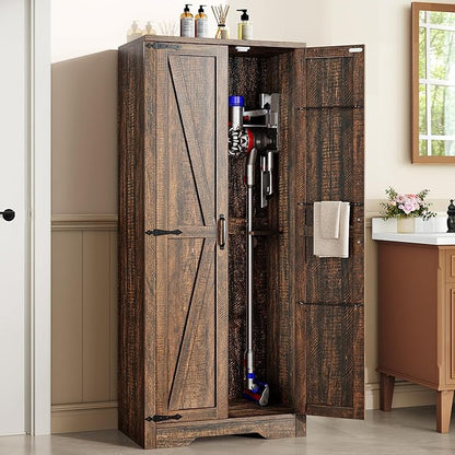 DWVO Wooden Storage Cabinet, Vacuum Cleaner Cabinet Storage Compatible with Dyson Models, Utility Cabinet Stand for Brooms and Mops, Cleaning Tool Cabinet with Doors for Garage