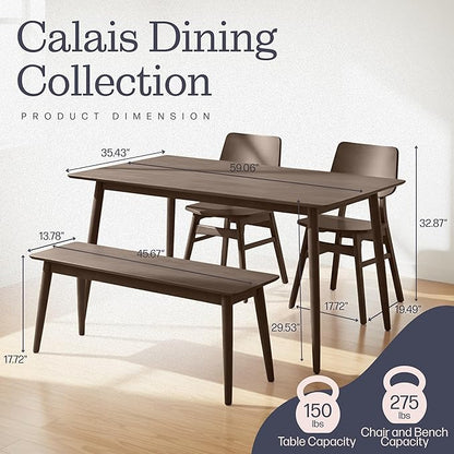 Alaterre Furniture Calais Dining – 4 Piece Dining Table Set for 4 with Chairs and Bench – Mid Century Modern 59-Inch Solid Wood Kitchen & Dining Room Table with Bench, and 2 Chairs (Walnut Finish)