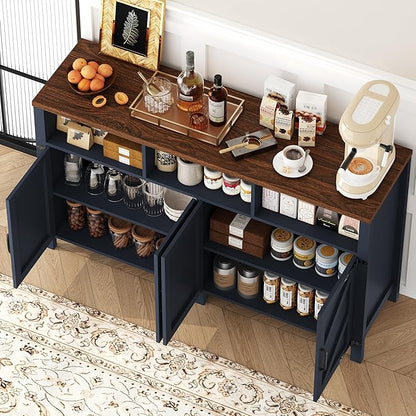 knoworld Buffet Sideboard with Storage Farmhouse with 4 Doors, 55'' Large Kitchen Storage Cabinet Wood Coffee Bar Buffet Table for Kitchen, Dining Room (Blue, 55 in)