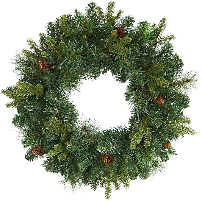 Nearly Natural 24in. Mixed Pine Artificial Christmas Wreath with 35 Clear LED Lights and Pinecones