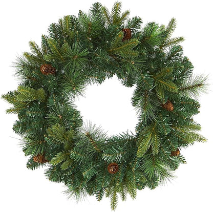 Nearly Natural 24in. Mixed Pine Artificial Christmas Wreath with 35 Clear LED Lights and Pinecones