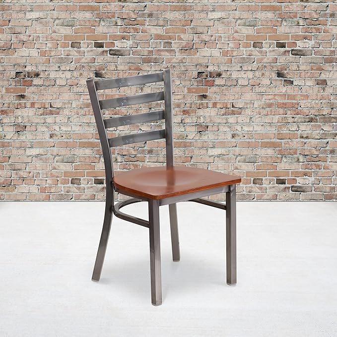 Flash Furniture HERCULES Series Clear Coated Ladder Back Metal Restaurant Chair - Cherry Wood Seat