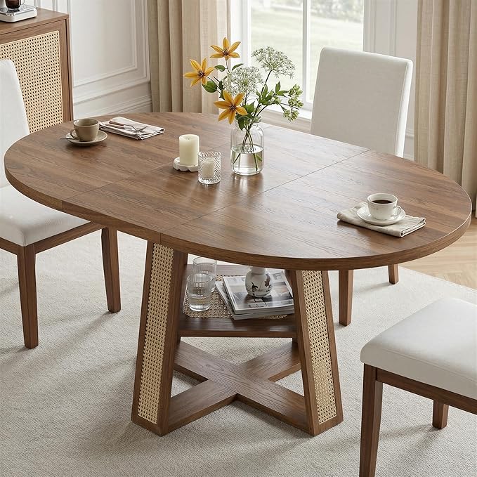 LIKIMIO 43"-59" Extendable Round Dining Table for 4-8, Transformer Oval Dining Room Table with Removable Leaves Space Saving, Wood Base Kitchen Table with Storage Shelf for Living Room, Walnut