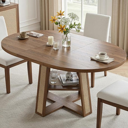 LIKIMIO 43"-59" Extendable Round Dining Table for 4-8, Transformer Oval Dining Room Table with Removable Leaves Space Saving, Wood Base Kitchen Table with Storage Shelf for Living Room, Walnut