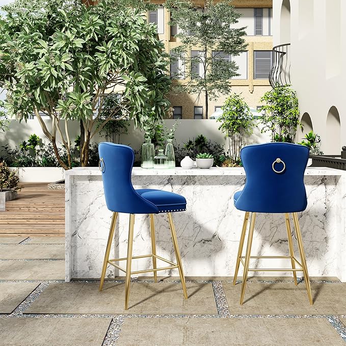 Modern Counter-Height Bar Stool Set of 2, 26" Velvet Upholstered Barstools with Backrest and Gold Chrome Base Footrest, Nailheads Trim, Blue Bar Stools for Kitchen Island, Cafe, Pub (Blue)