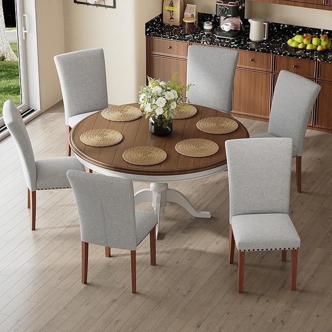 COLAMY Parsons Dining Chairs Set of 6, Upholstered Fabric Dining Room Kitchen Chair with Nailhead Trim and Wood Legs - Light Grey