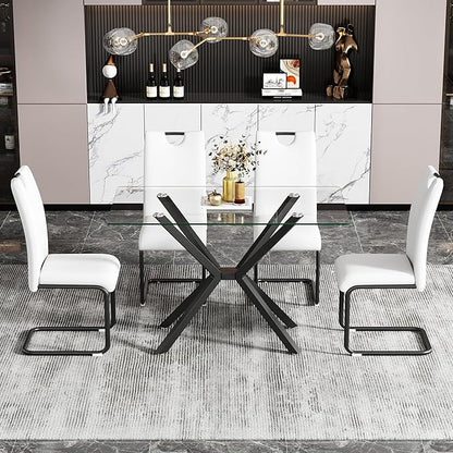 47" Rectangle Dining Table for 2 3 4 People, Modern Dining Table with Black Chrome Metal X-Shaped Legs, Clear Glass Kitchen Table Family Dinner Table for Home Office Living Room