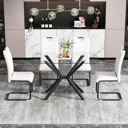 47" Rectangle Dining Table for 2 3 4 People, Modern Dining Table with Black Chrome Metal X-Shaped Legs, Clear Glass Kitchen Table Family Dinner Table for Home Office Living Room