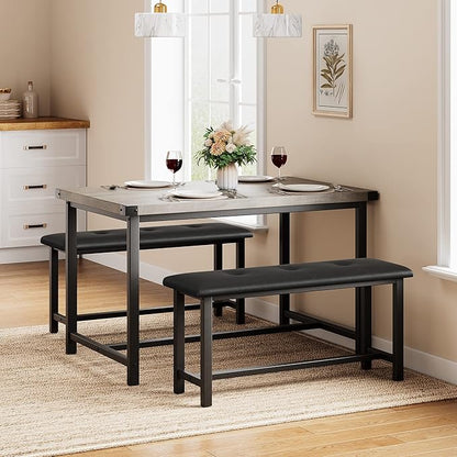 Amyove Dining Table Set for 4, 3 Piece Kitchen Table Set, Dining Table Set with 2 Upholstered Benches, Rectangular Kitchen Table Set for Apartment, Small Space, Retro Gray
