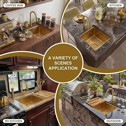 LQS Gold Undermount Bar Sink, Gold Wet Bar Sink and Deep Kitchen Sink 15" x 17" RV Sink, 16 Gauge Stainless Steel Kitchen Sink with Brushed Finish For RV, Laundry, Outdoor and Prep Use, 10" Depth