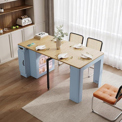 SOFTSEA Extendable Dining Table with 3 Removable Leaves, Mobile Rolling Island Table with USB Ports & Power Outlet, Foldable Kitchen Cabinet for Dining Room Living Room, Blue Grey