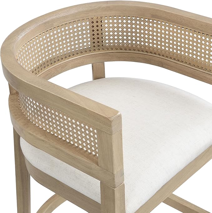 Set of 2 Upholstered Arm Counter Stools with Solid Rubberwood Frame & Natural Rattan Caned Back,Soft Padded Seating,Transitional Farmhouse Chairs for Kitchen Island Dining Room,25.5" H Natural Ash