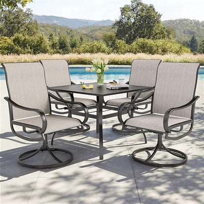 PHI VILLA 5 PCS Patio Dining Set with Outdoor Swivel Dining Chairs (Gray) and 37"x 37" Metal Steel Dining Table, All Weather Patio Dining Furniture Set for Poolside Deck Lawn Garden