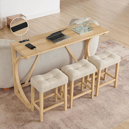 Merax 59 Inch Industrial Bar Table Set with Power Outlet, 3 Linen Upholstered Stools, Counter Height Table Set with 24 Inch Seat Height Stools for Kitchen, Living Room,Light Oak+Beige