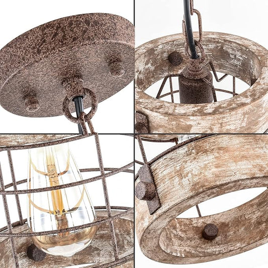 Retro Industrial Metal and Wood Chandelier 1-Light Round Cage Pendant Light Fixture for Kitchen Island Foyer Hallway Bar Dining Room Restaurant, D 7.8" x H 8.58" (White Brown)