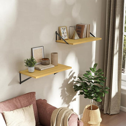 Acovy Deep Floating Shelves Wall Mounted, 24"x12" Oak Wall Shelves with Brackets Set of 2 for Bedroom, Living Room, Bathroom, Kitchen, Office - Storage & Display Shelf for Decor, Books, Plants