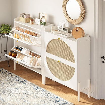 IRONCK Shoe Cabinet Storage with 2 Flip Drawers, Free Standing Wooden Shoe Storage Organizer Cabinet with Rattan Doors for Entryway, Narrow Shoe Rack Cabinet, White
