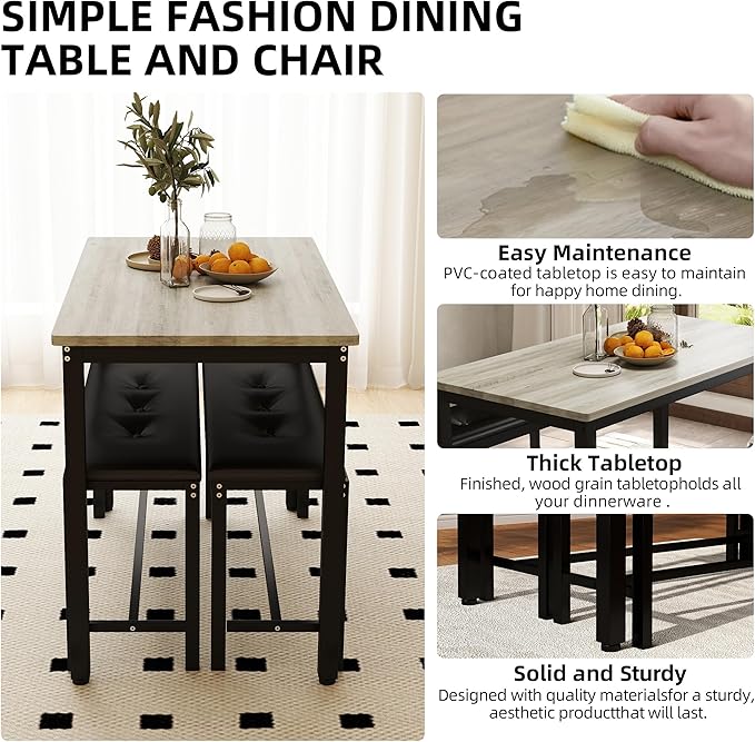 Dining Table Set for 4, Wood Kitchen Table & Chair with 2 Upholstered Benches for Breakfast Nook and Small Space, Grey