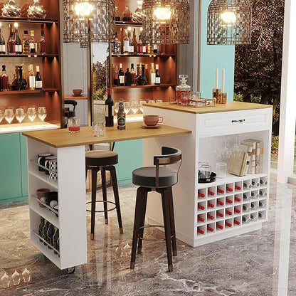 73” Kitchen Island with Extendable Dining Table, Multifunctional Wine Cabinet with 1 Door, 5 Drawers, Open Side Shelves, Wine Rack, Stemware Holder, Rolling Wheels, Chairs Not Include, White+Natural