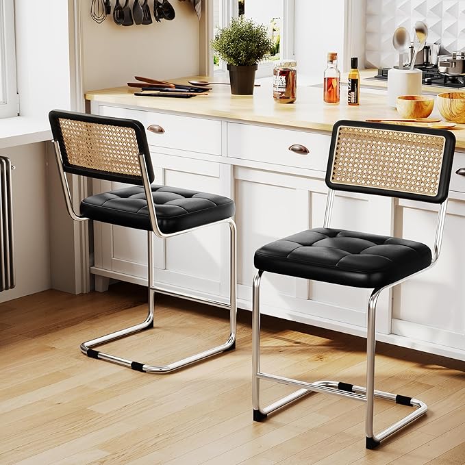 Alunaune 24inch Mid Century Black Bar Stools Set of 4, Upholstered Modern Counter Height Bar Stools Natural Rattan Dining Chairs Side Kitchen Chair with Metal Chrome Legs-PU Seat
