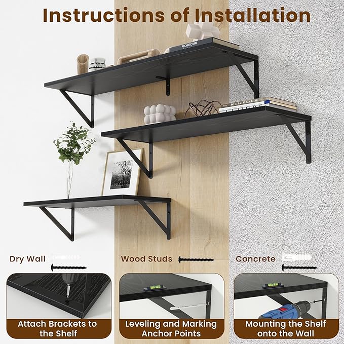 Acovy Floating Shelves for Wall Decor,24" Wx8 D Wall Mount Floating Bookshelf Set of 2,Hanging Storage Shelf with Sturdy Metal Brackets,Wooden Shelf for Living Room,Bedroom,Bathroom,Black