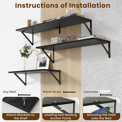 Acovy Floating Shelves for Wall Decor,24" Wx8 D Wall Mount Floating Bookshelf Set of 2,Hanging Storage Shelf with Sturdy Metal Brackets,Wooden Shelf for Living Room,Bedroom,Bathroom,Black