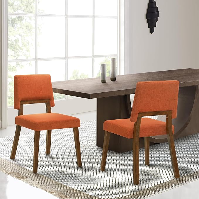 Armen Living Channell Wood Dining Chair in Walnut Finish with Orange Fabric - Set of 2