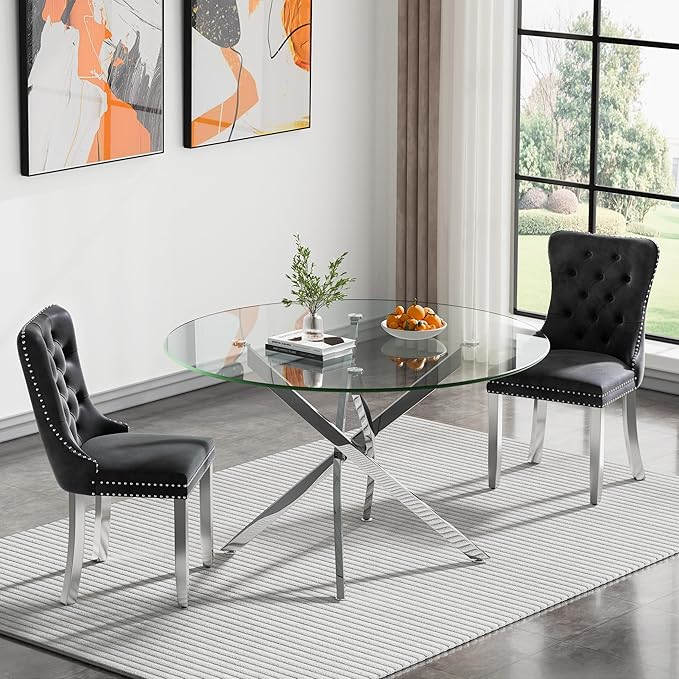 Modern Glass Dining Table Round Dining Room Table with Tempered Glass Top, Silver Metal Legs Circle Kitchen Dining Room Table for 4-6 People, 47" D x 47" W x 30" H