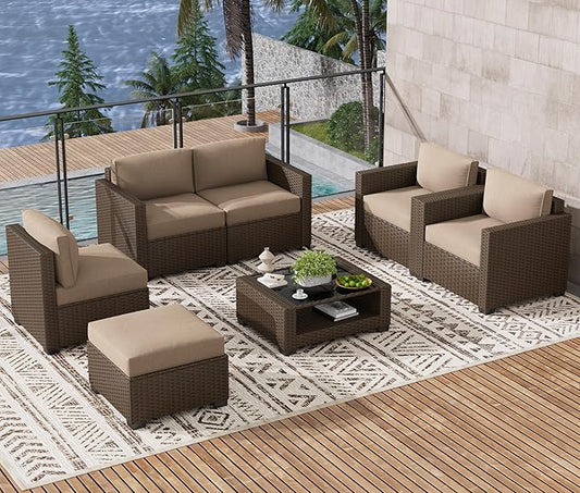 LOUVIXA 7 Piece Outdoor Patio Furniture Set, Rattan Chairs Glass Table Wicker Conversation Seating Sectional Sofa with Cushions (Brown-Camel, 7Pcs-2 Layer Coffee Table)