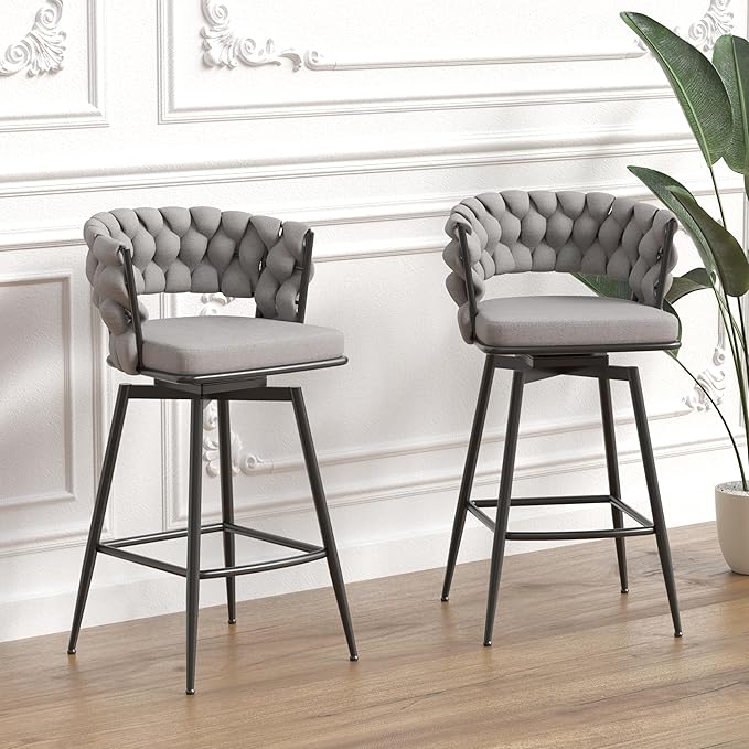 LUMISOL Bar Stool Set of 2, Golden Legs Bar Stools No Adjustable Kitchen Island Chairs Upholstered Bar Chair Counter Stool Arm Chairs with Back Footrest, Grey