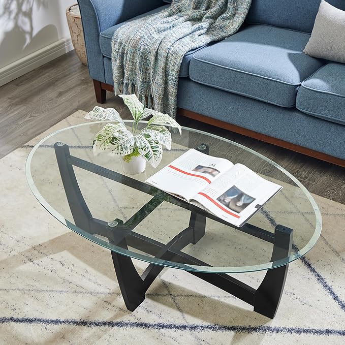 48" Oval Coffee Tables, Modern Center Table with Tempered Glass Tabletop Cross and Solid Wood Base, Small Space Coffee Table for Living Room Black