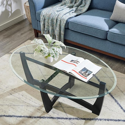 48" Oval Coffee Tables, Modern Center Table with Tempered Glass Tabletop Cross and Solid Wood Base, Small Space Coffee Table for Living Room Black
