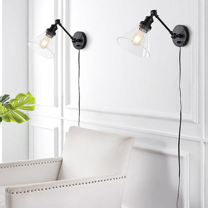 JONATHAN Y 8" Oil Rubbed Bronze Adjustable LED Wall Sconce, Plug-in Wall Lamp with Dimmer Switch, Clear Glass Shade for Bedroom Living Room Kitchen, LED Bulb Included (JYL7575A-SET2)