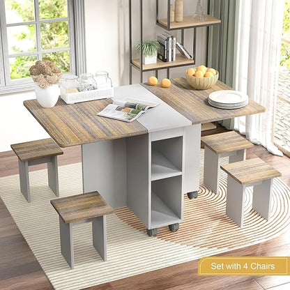 5-Piece Folding Dining Table Set with 4 Chairs 55'' Drop Leaf Wood Kitchen Table with Storage Shelves and 6 Rolling Wheels, Space-Saving Extendable Tables Set Movable Kitchen Tables Set with Wheels