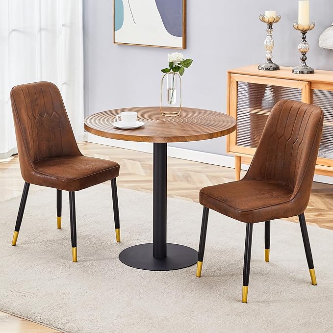 Round Dining Table Set with 2 Brown Technology-Fabric Chairs, 31.5 Inch Dark Wood Grain Table with Suction Molding Annular Texture and Gold Leg Decoration, for Kitchen and Dining Room