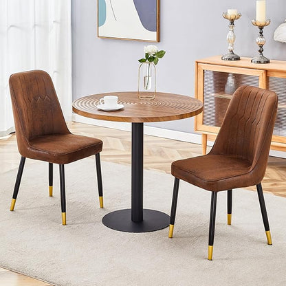 Round Dining Table Set with 2 Brown Technology-Fabric Chairs, 31.5 Inch Dark Wood Grain Table with Suction Molding Annular Texture and Gold Leg Decoration, for Kitchen and Dining Room