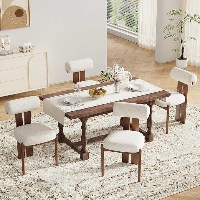 MALOL Modern Wooden Dining Chairs Set of 2, Upholstered Fabric Kitchen Chairs with Sculptural Backrest, Mid-Century Farmhouse Dining Room Chairs with Solid Wood Legs, Beige