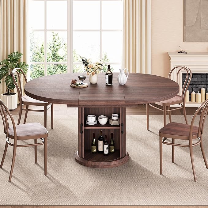 Jocoevol 47″–63″ Extendable Round Dining Table for 4–8 with Dust-Proof 2-Tier Storage Shelf Space Saving Expandable Wood Oval Circle Dinner Furniture with Pedestal Base (Black)