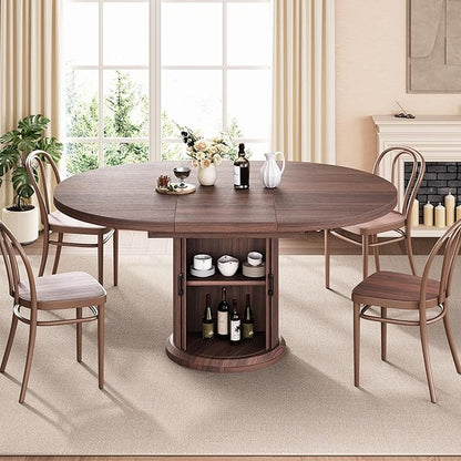 Jocoevol 47″–63″ Extendable Round Dining Table for 4–8 with Dust-Proof 2-Tier Storage Shelf Space Saving Expandable Wood Oval Circle Dinner Furniture with Pedestal Base (Black)