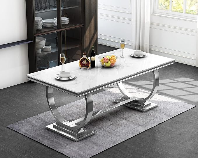 68" White Silver Marble Dining Table, Modern Kitchen Table with 0.79" Faux Marble Tabletop and Mirrored Stainless Steel Frame, Luxurious Rectangular Dining Room Table for Kitchen(No Chairs)