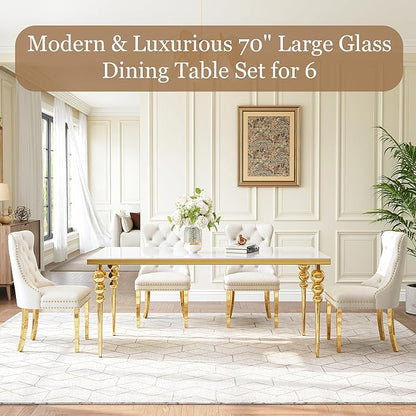 7 Piece Glass Dining Table Set, Modern 70 Inch Gold Rectangular Glass Kitchen Table, 6 Beige Exquisite Velvet Cushion Chairs for Living Room, Restaurant (White-Top)