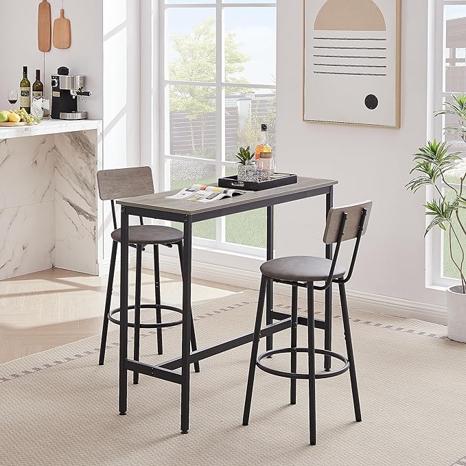 Bar Height Table and Chairs Set-Compact Bar Table and Chairs for Small Kitchen,Dining Room,or Kitchen Island with Seating-Kitchen Table Set,Perfect as Dining Table with Chairs (Grey)