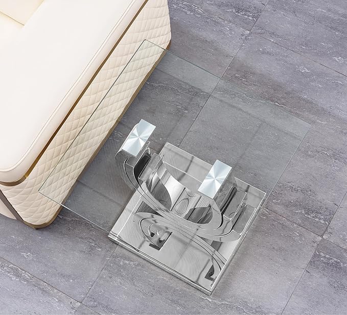 HomVent 22.83" Glass End Table, Living Room Tables, Modern Silver Tempered Glass Top Side Tables Bedroom, Square Small Bed Bedside Eating Table Nightstand for Home Office with Stainless Steel Base