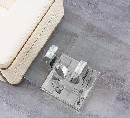 HomVent 22.83" Glass End Table, Living Room Tables, Modern Silver Tempered Glass Top Side Tables Bedroom, Square Small Bed Bedside Eating Table Nightstand for Home Office with Stainless Steel Base