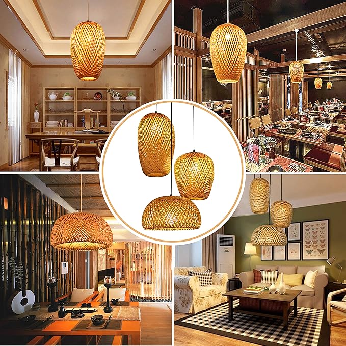 GWY Bamboo Lantern Pendant Lamp, Retro Japanese Style E27 Chandelier Hanging Light Ceiling Lighting Fixture for Living Room Bedroom Restaurant Cafe Teahouse Bar Dining Room Club
