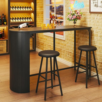Fluted Bar Table and Chairs Set, 55'' Long Bar Tables with 2 Stools, 3 Piece Counter Height Dining Table for 2, Space Saving Kitchen Table for Bar, Dining Room, Kitchen, Breakfast Nook Corner, Black