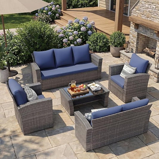 Wisteria Lane Patio Furniture Set, 5 Pieces Wicker Outdoor Furniture for All Weather, Patio Sofa with High Backrest Support and Wide Armrest for Backyard, Balcony, Deck, Porch, Navy Blue