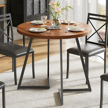 VECELO 35" Round Dining Table for 4, Wood-Grain Tabletop & Heavy-Duty Steel Frame, for Kitchen, Living Room, Easy Assembly, Walnut