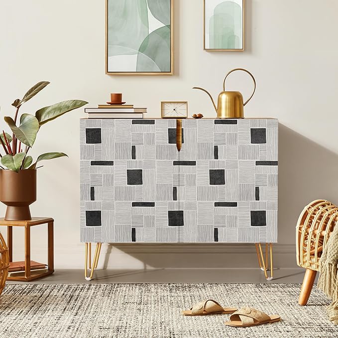 SIGNWIN Sideboard Buffet Cabinet, Kitchen Storage Cabinet with 2 Doors, Duotone Gray & Black Polygon Pattern, Cupboard Console Table for Dining Room - 35" L x 18" W x 29" H
