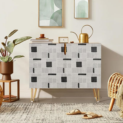 SIGNWIN Sideboard Buffet Cabinet, Kitchen Storage Cabinet with 2 Doors, Duotone Gray & Black Polygon Pattern, Cupboard Console Table for Dining Room - 35" L x 18" W x 29" H